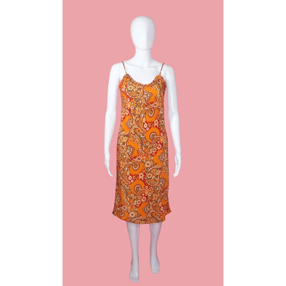 1990s-Y2K LUCE PAISLEY Floral Print Crimped Ruffle Neckline SLIP Dress. S-M